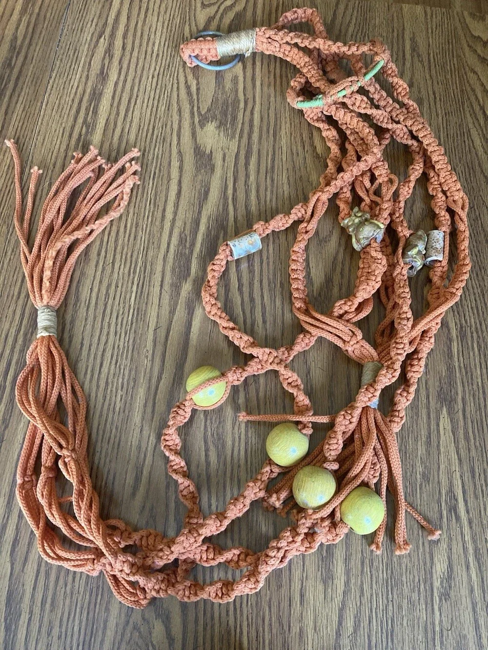 VTG 70s Macrame Double Plant Holder with Owl Beads - 70